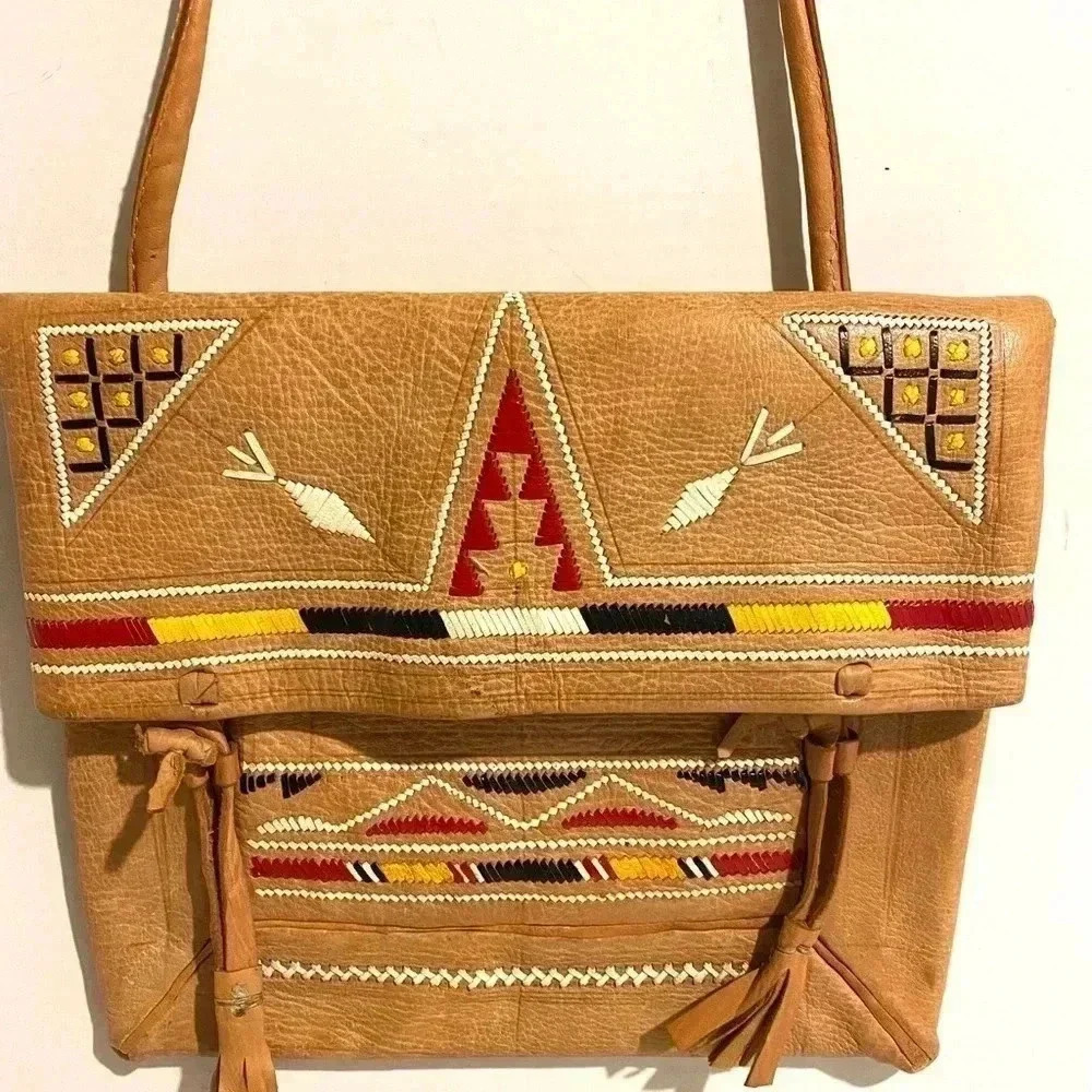 Handmade print embroidery leather shoulder bag